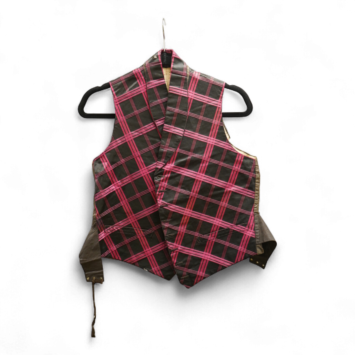 A 19th century gentleman's pink and black silk check waistcoat, with collar and two pockets. Front under arm chest 50cm. Condition - lining stained may need professional cleaning.